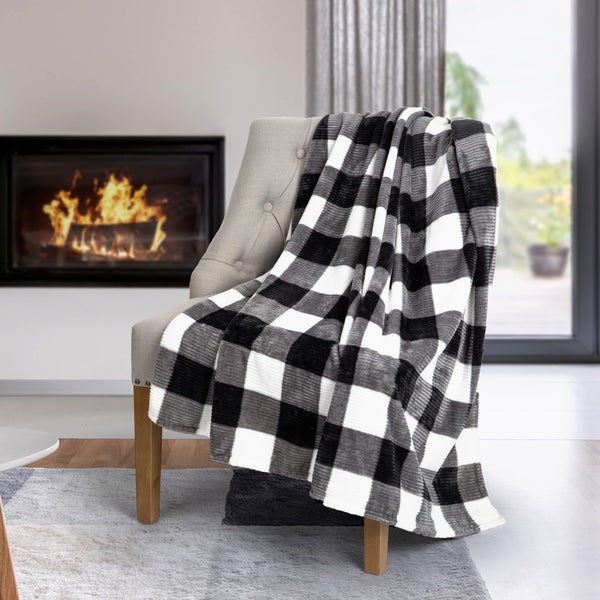 White Plaid Printed Flannel Throw