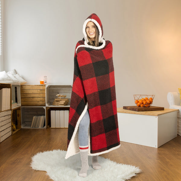 Premium Ultra Soft Hoodzy Hooded Throw Blanket with Sherpa Buffalo Plaid