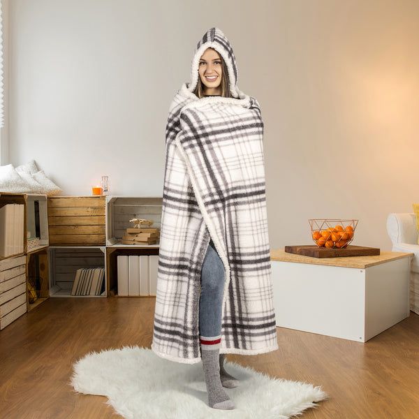 Premium Ultra Soft Hoodzy Hooded Throw Blanket with Sherpa Grey Plaid