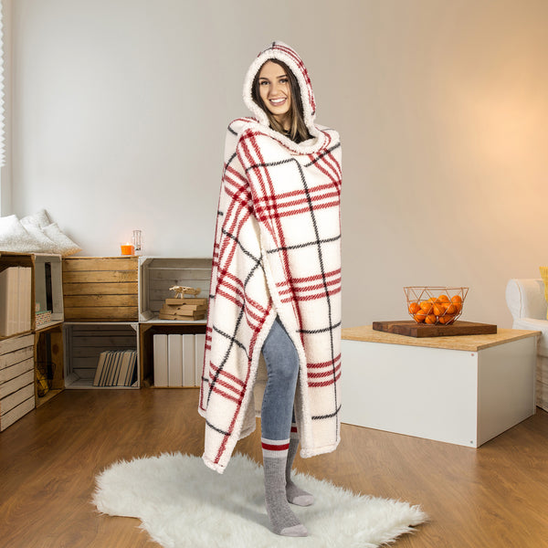 Premium Ultra Soft Hoodzy Hooded Throw Blanket with Sherpa Red Plaid