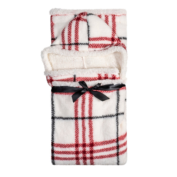 Premium Ultra Soft Hoodzy Hooded Throw Blanket with Sherpa Red Plaid