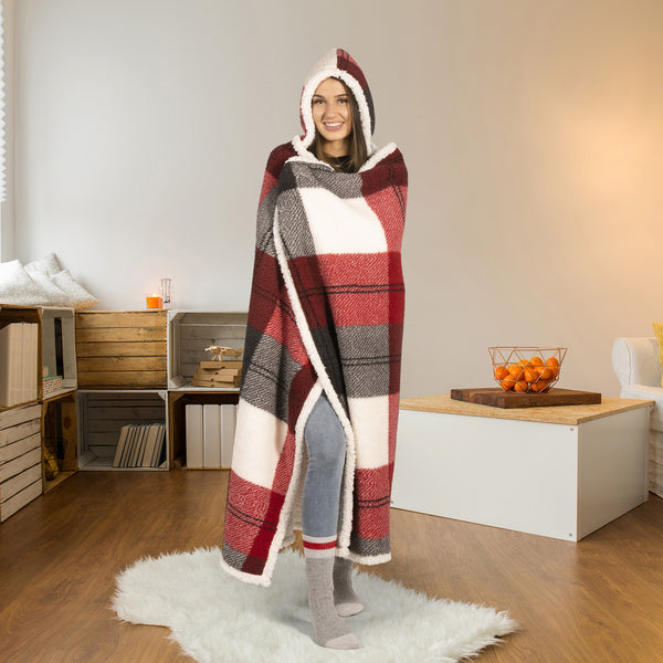 Premium Ultra Soft Hoodzy Hooded Throw Blanket with Sherpa Winter Plaid